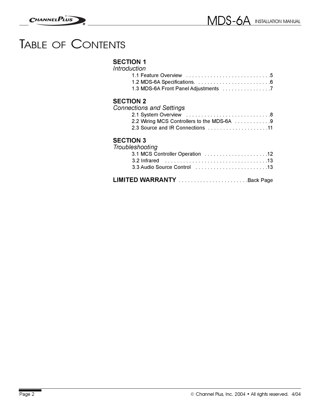 Channel Plus MDS-6A installation manual Table of Contents 