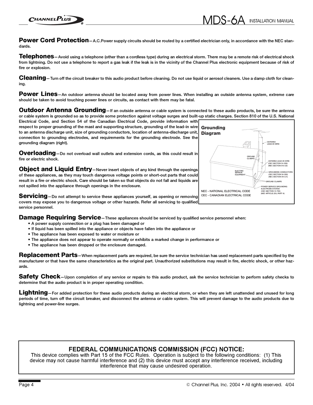 Channel Plus MDS-6A installation manual Federal Communications Commission FCC Notice 