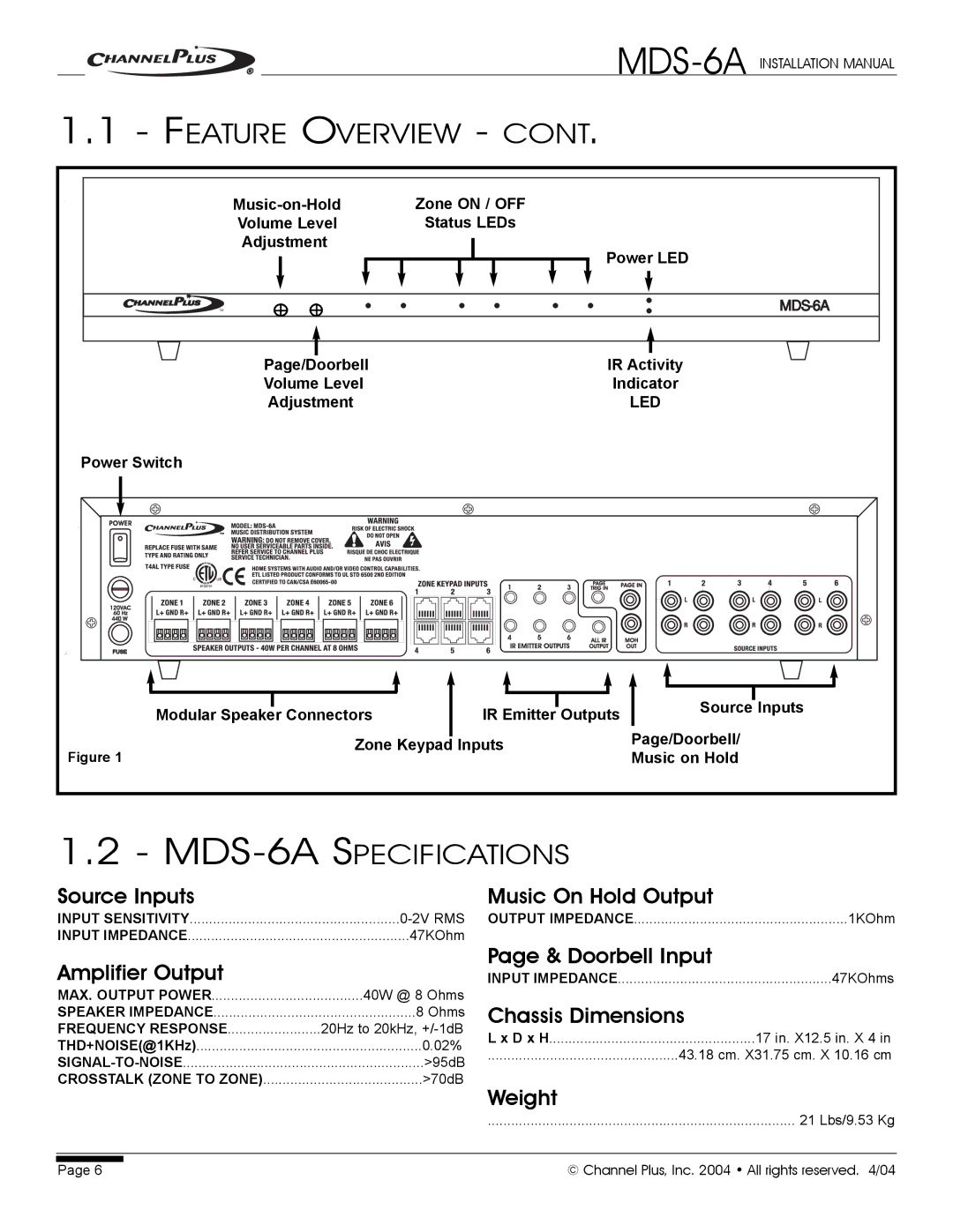 Channel Plus installation manual MDS-6A Specifications 