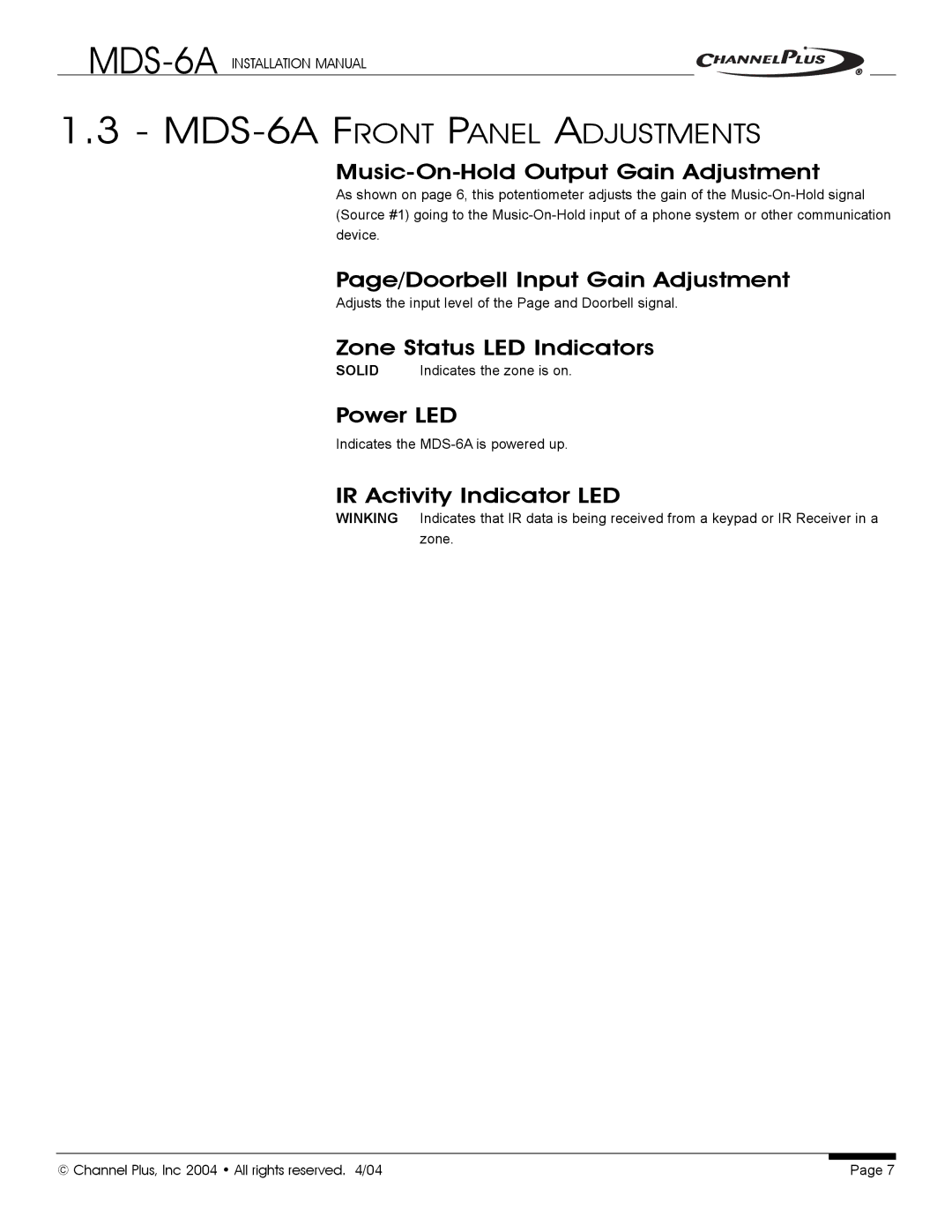 Channel Plus installation manual MDS-6A Front Panel Adjustments 