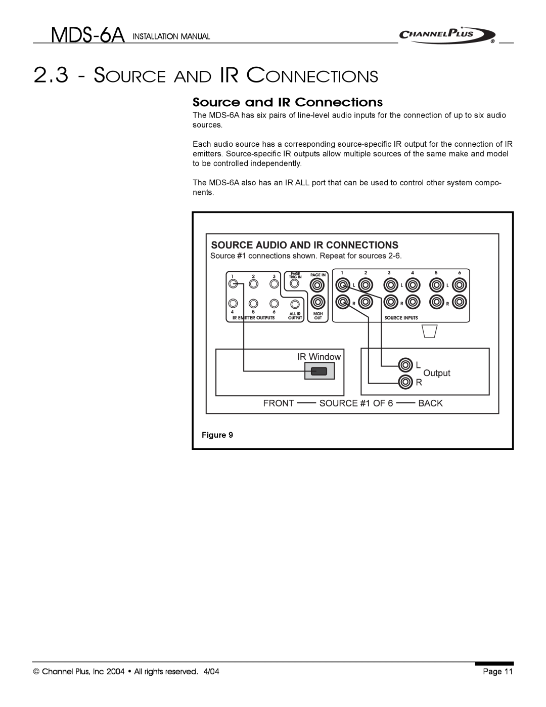 Channel Plus MDS-6A installation manual Source And Ir Connections, Source and IR Connections 