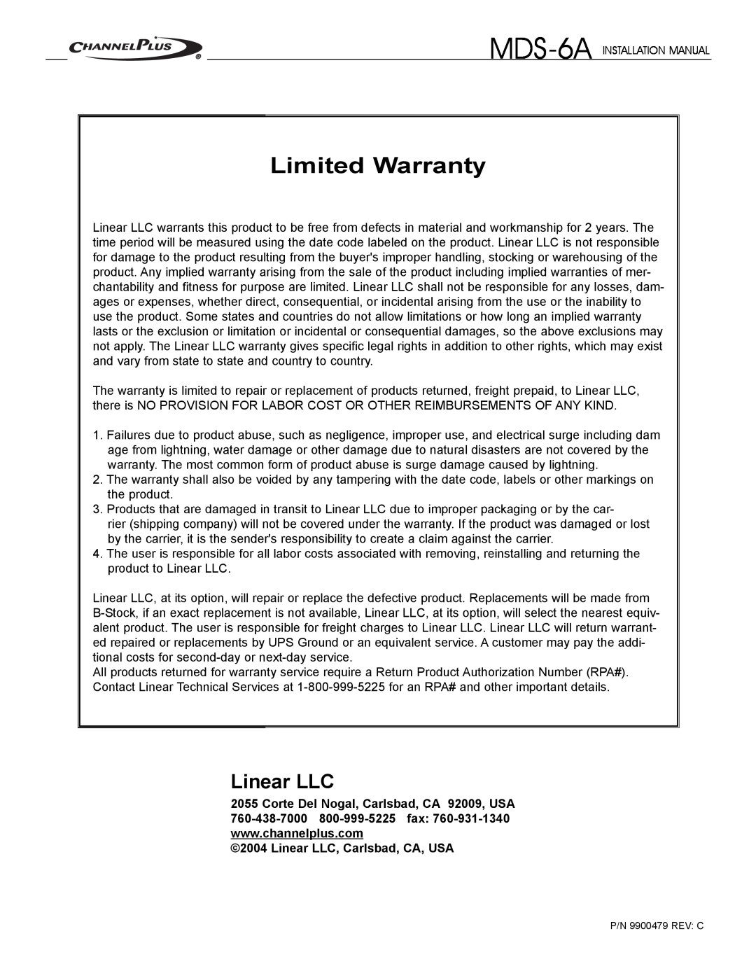 Channel Plus MDS-6A installation manual Limited Warranty, Linear LLC 