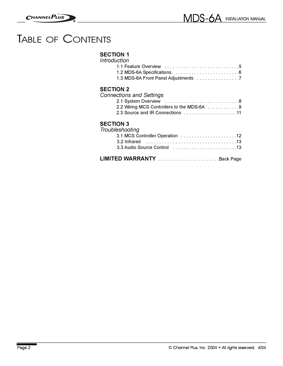 Channel Plus MDS-6A installation manual Table Of Contents, Section, Introduction, Connections and Settings, Troubleshooting 