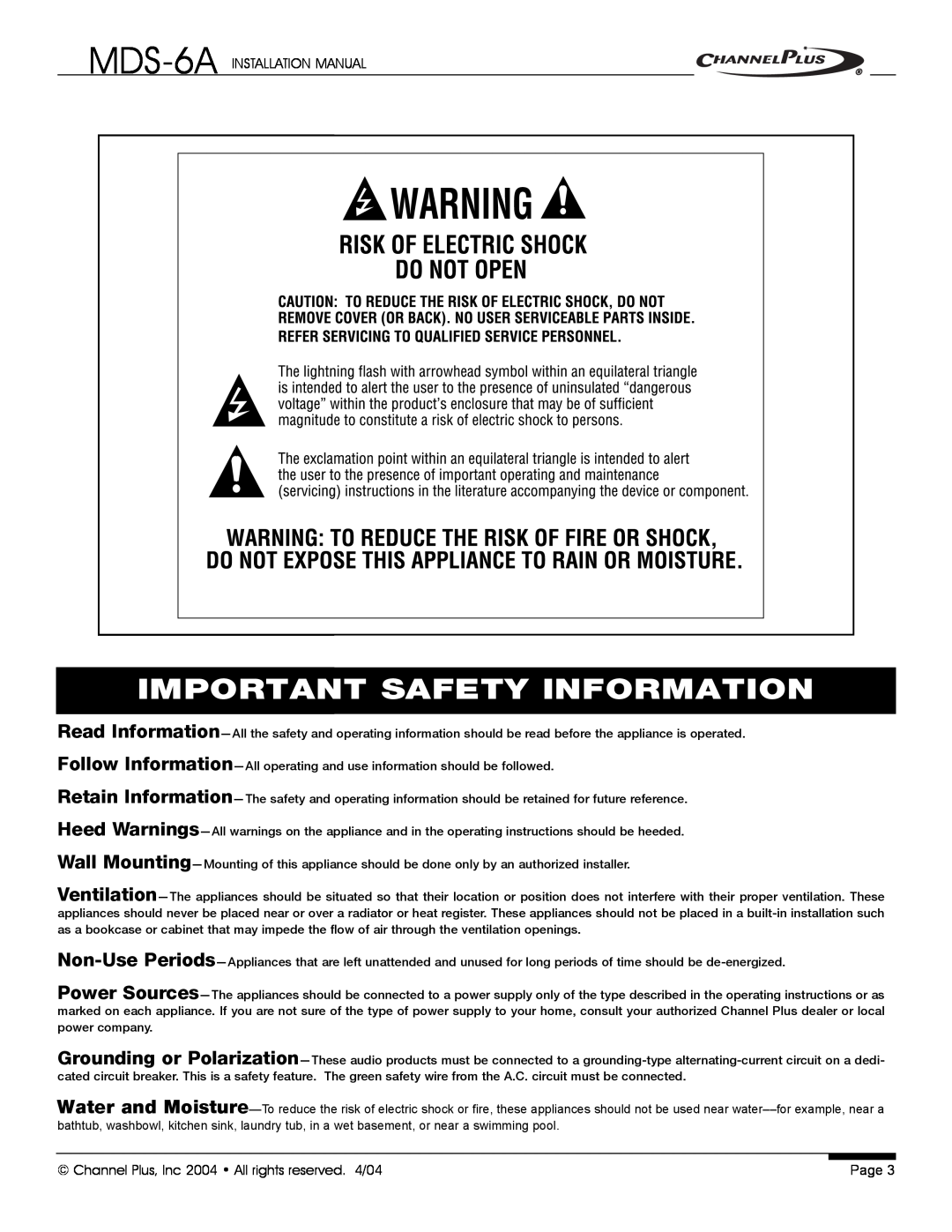 Channel Plus MDS-6A installation manual Important Safety Information 