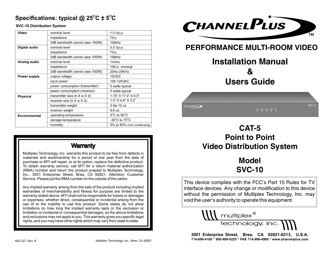 Channel Plus SVC-10 warranty Specifications typical @ 25OC ± 5OC, Warranty 