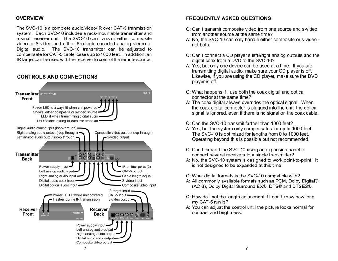 Channel Plus SVC-10 warranty Overview, Controls and Connections, Frequently Asked Questions 