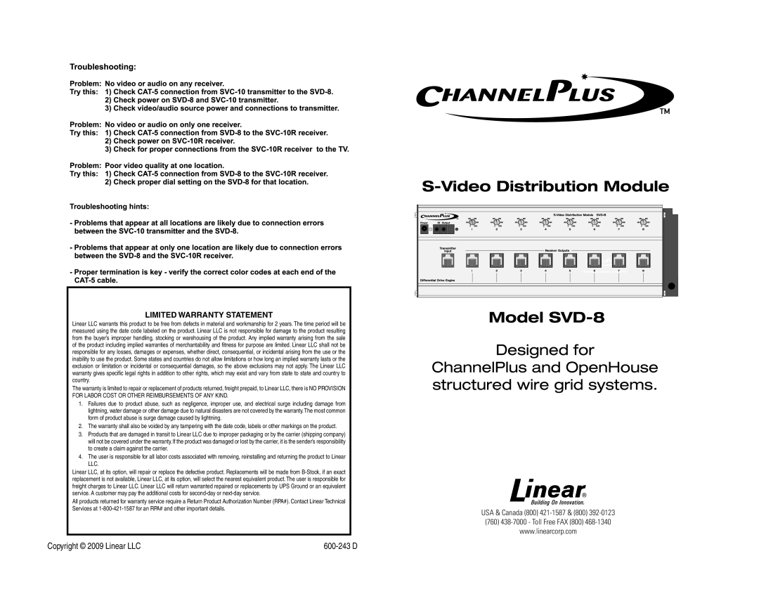 Channel Plus SVD-8 warranty Limited Warranty Statement 