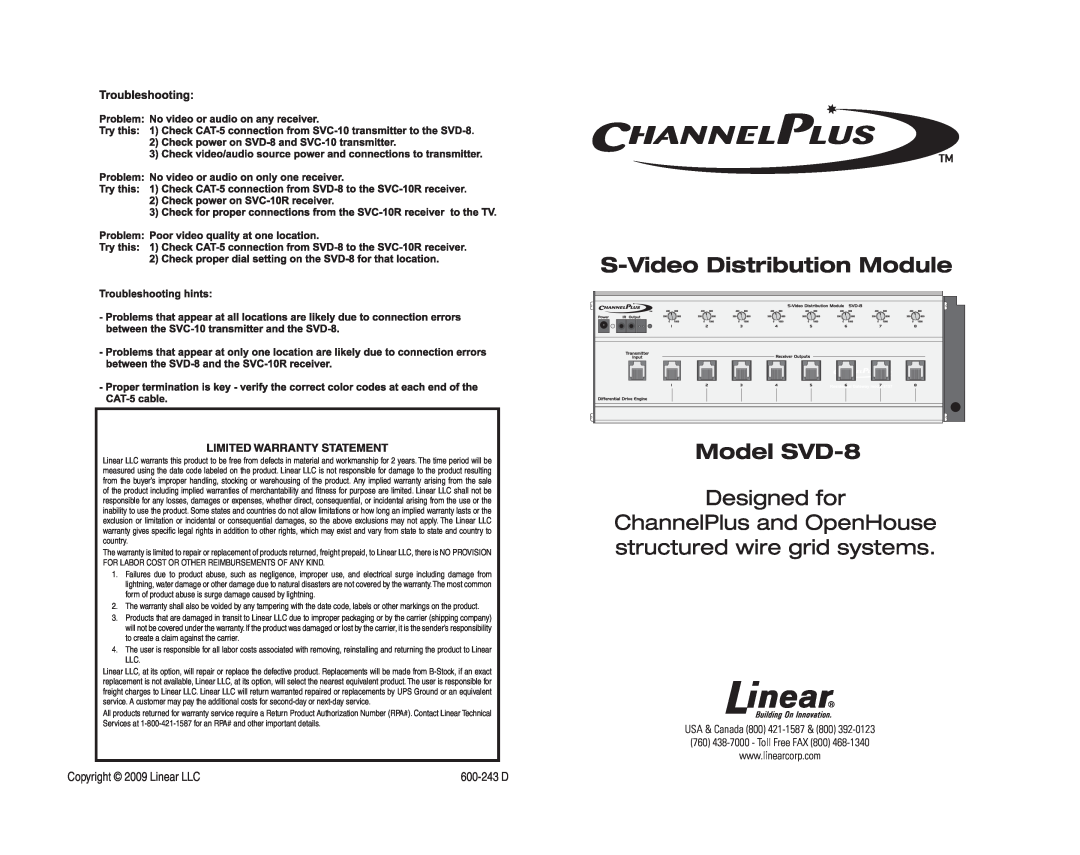 Channel Plus SVD-8 warranty Copyright 2009 Linear LLC, Limited Warranty Statement, 600-243 D 