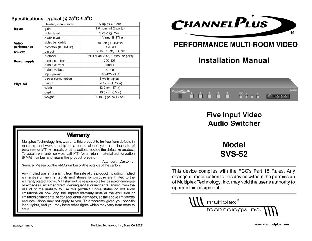 Channel Plus SVS-52 warranty Installation Manual 