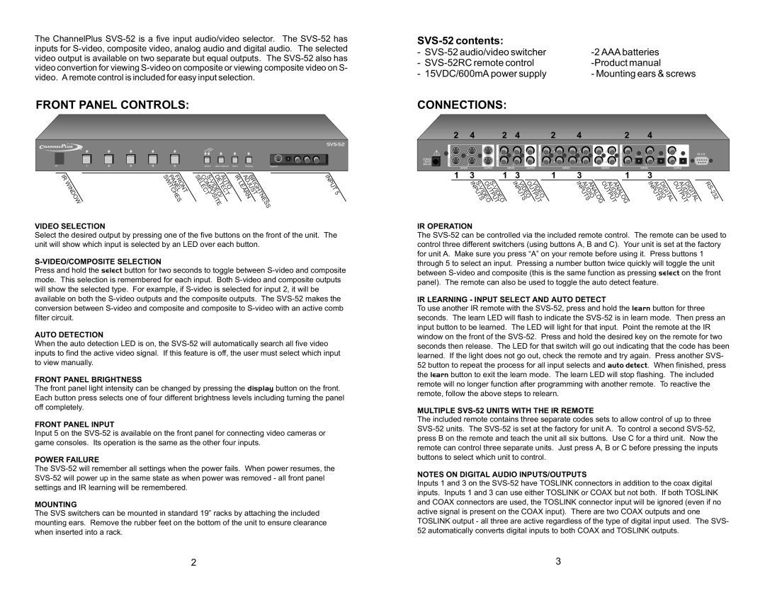 Channel Plus SVS-52 warranty Front Panel Controls, Connections 