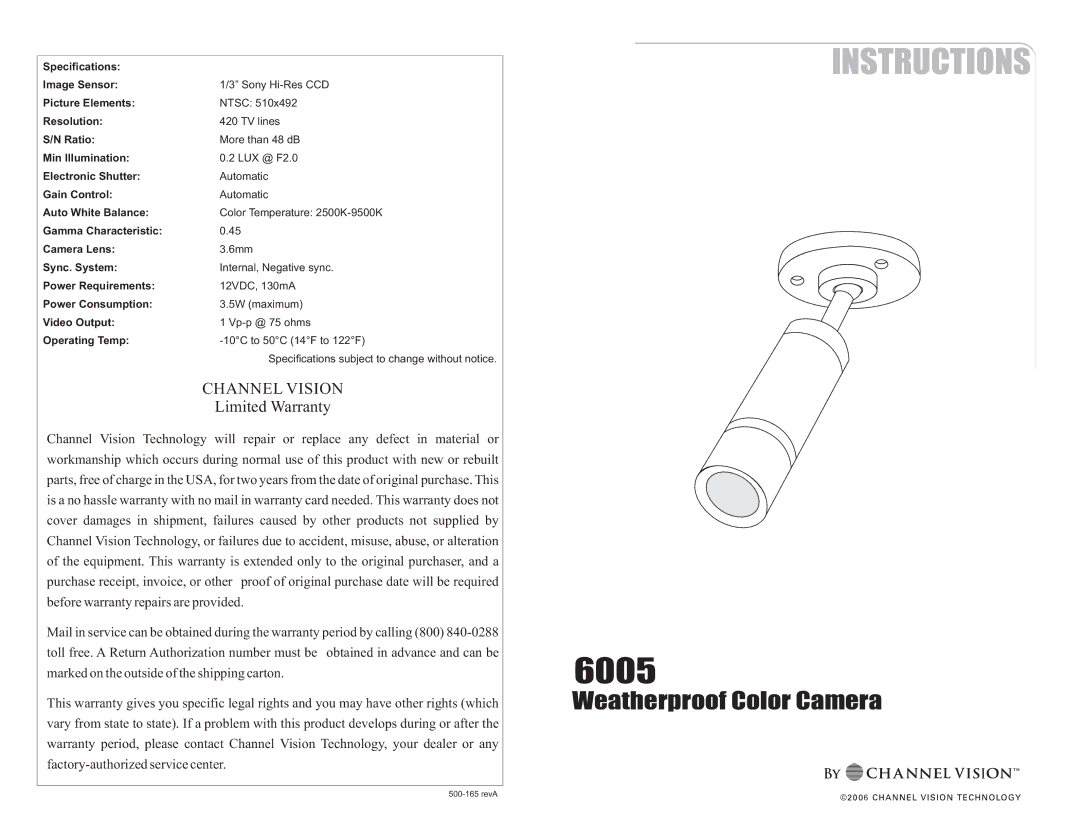 Channel Vision 6005 warranty Weatherproof Color Camera, Channel Vision, Limited Warranty 