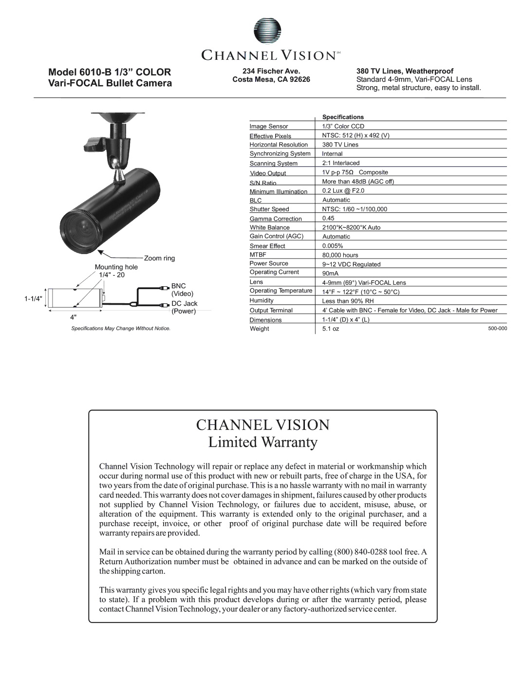 Channel Vision warranty Channel Vision, Limited Warranty, Model 6010-B 1/3 Color Vari-FOCAL Bullet Camera 