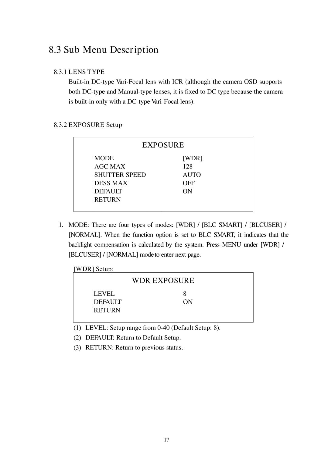 Channel Vision 6106, 6128 manual Sub Menu Description, Exposure Setup, WDR Setup 