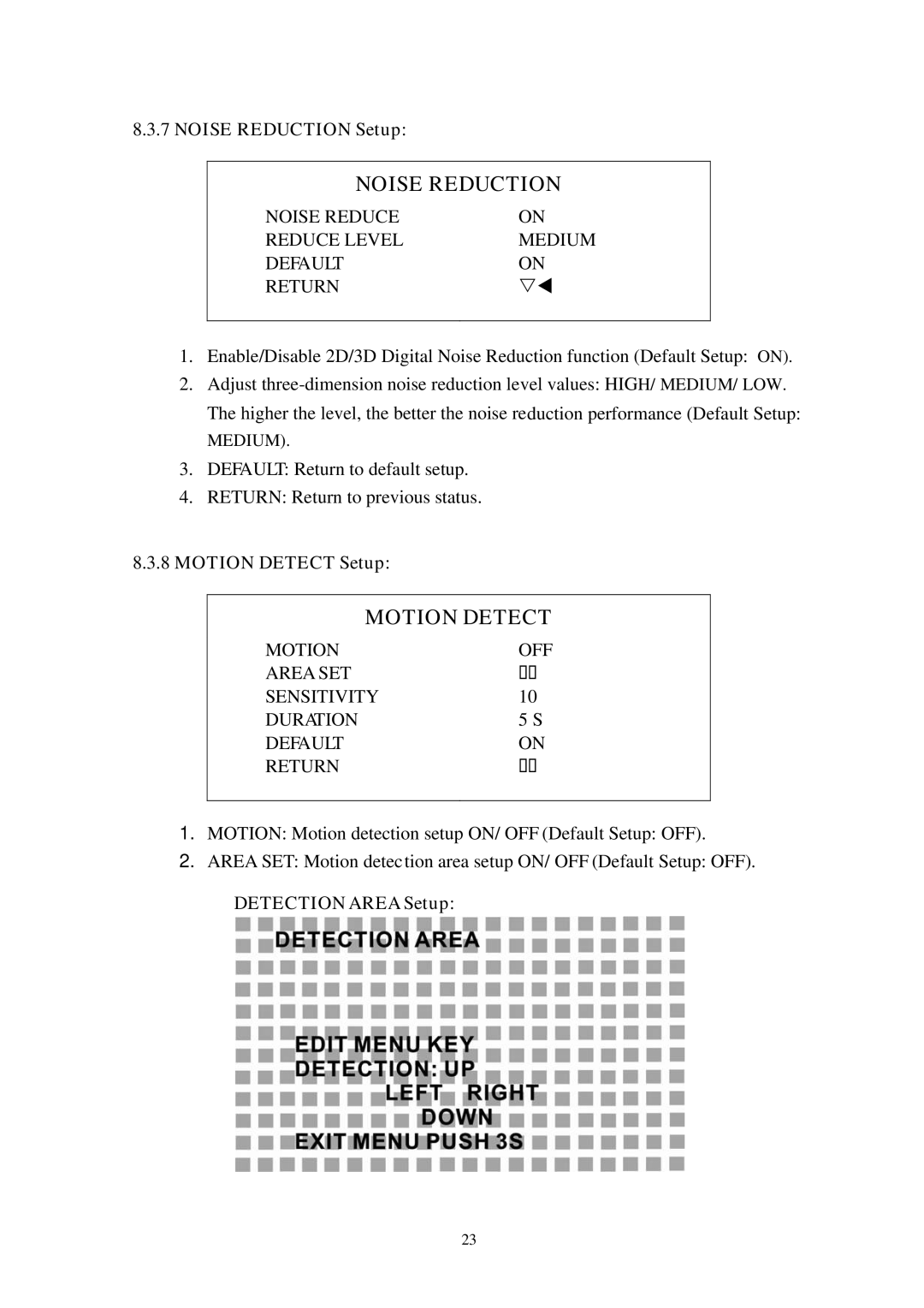 Channel Vision 6106, 6128 manual Noise Reduction Setup, Motion Detect Setup, Detection Area Setup 