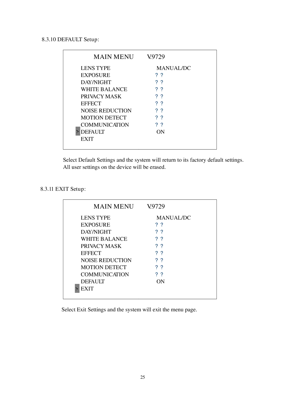 Channel Vision 6106, 6128 manual Default Setup, Day/Night, Exit Setup 