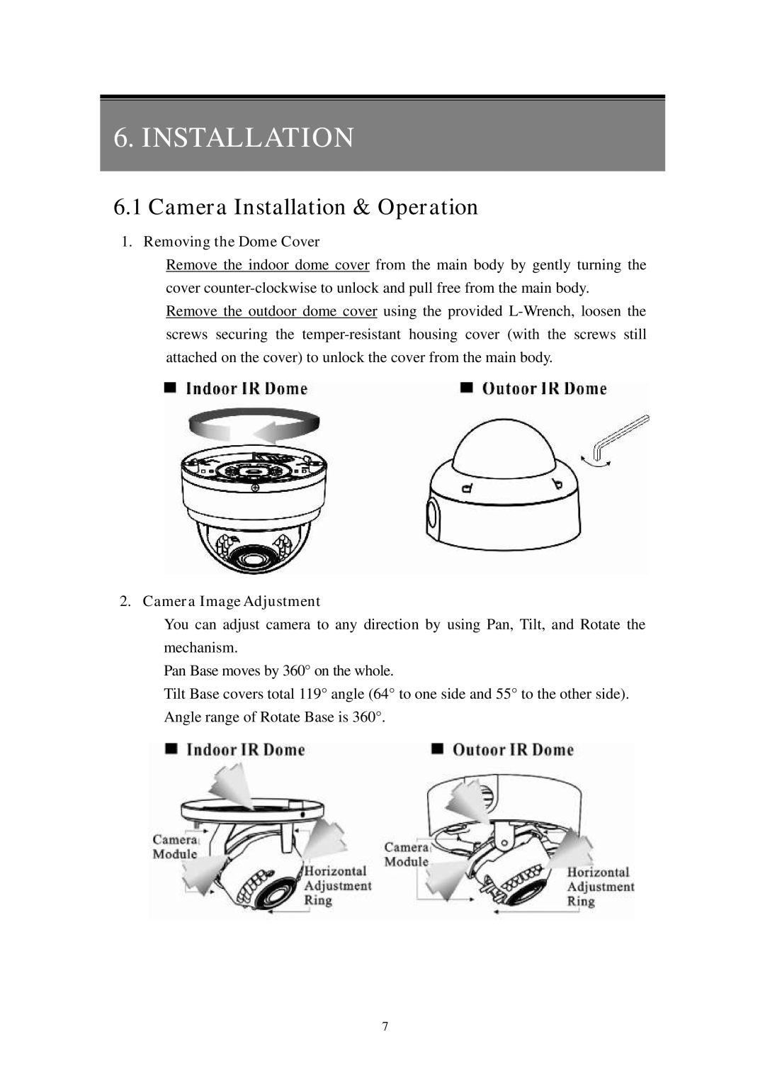 Channel Vision 6106, 6128 manual Camera Installation & Operation, Removing the Dome Cover, Camera Image Adjustment 