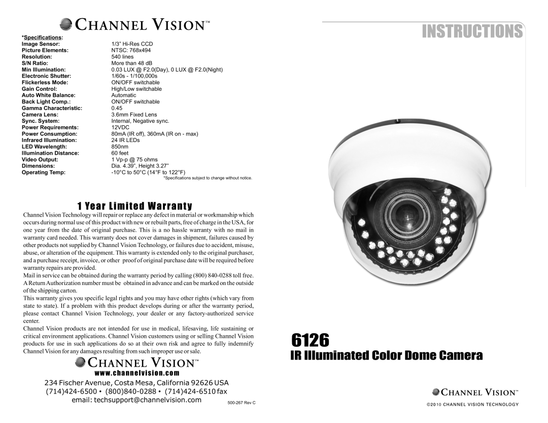 Channel Vision 6126 specifications IRIlluminatedColorDomeCamera, 12VDC 