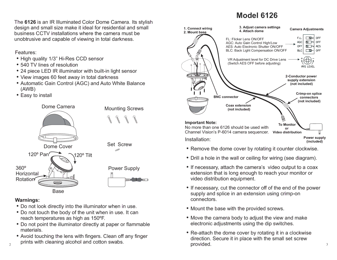 Channel Vision specifications Model6126, Installation 