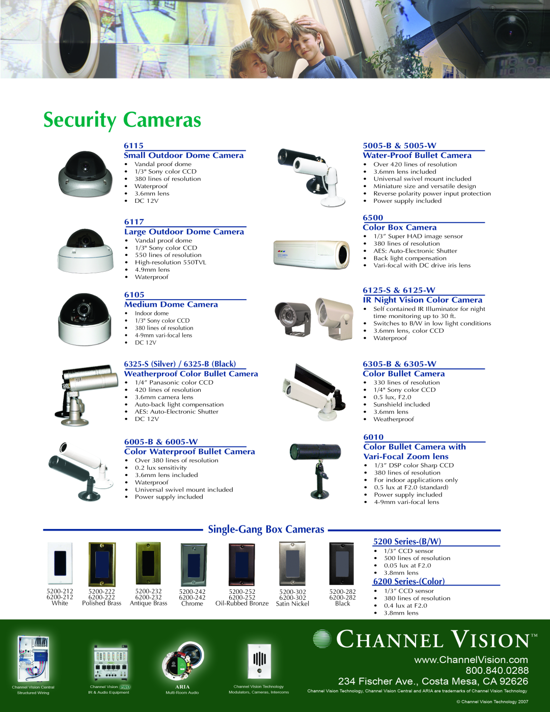 Channel Vision 6325-S, 6305-W, 6305-B, 6125-W manual Security Cameras, Single-Gang Box Cameras, Series-B/W, Series-Color 