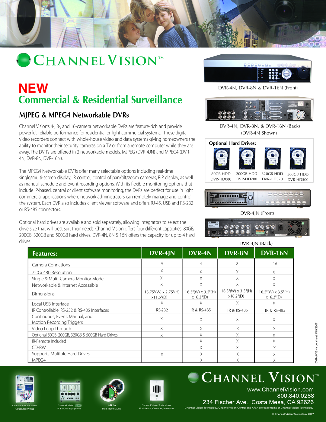 Channel Vision 6305-B Commercial & Residential Surveillance, MJPEG & MPEG4 Networkable DVRs, Features, DVR-4JN, DVR-4N 