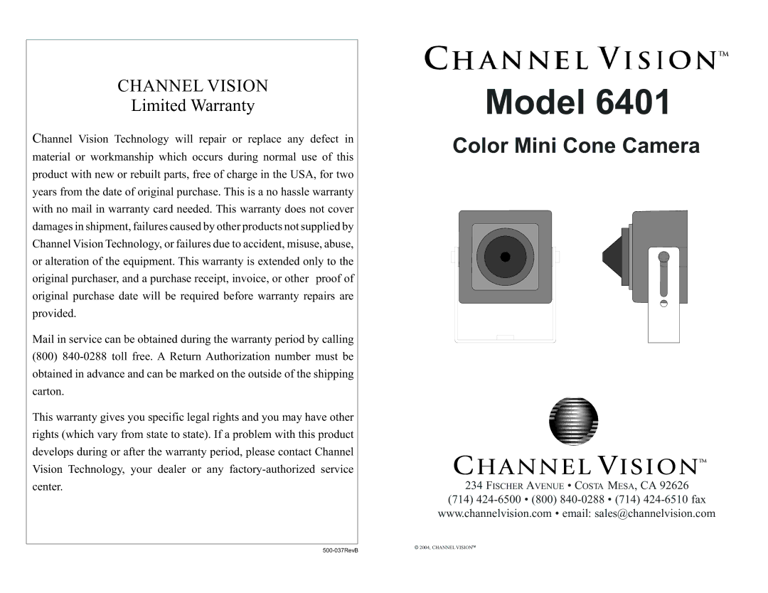 Channel Vision 6401 warranty Model, Color Mini Cone Camera, Channel Vision, Limited Warranty 