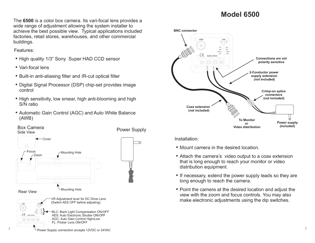 Channel Vision 6500 warranty Model, Point the camera at the desired location and adjust 