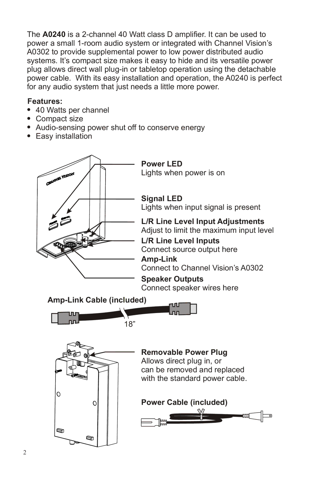 Channel Vision A0240 manual Features, Power LED, Signal LED, Line Level Input Adjustments, Line Level Inputs, Amp-Link 