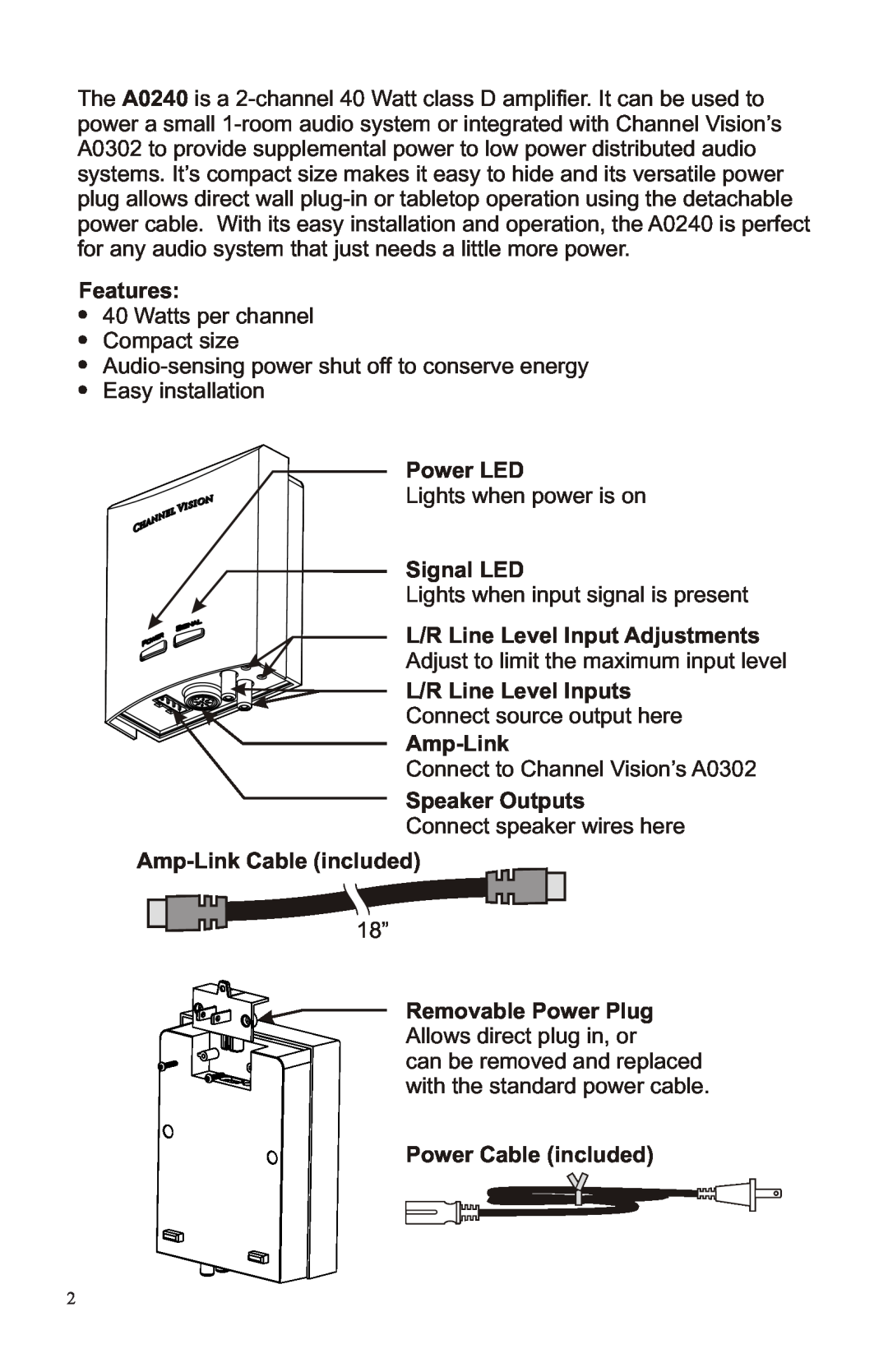 Channel Vision A0240 Features, Power LED, Signal LED, L/R Line Level Input Adjustments, L/R Line Level Inputs, Amp-Link 