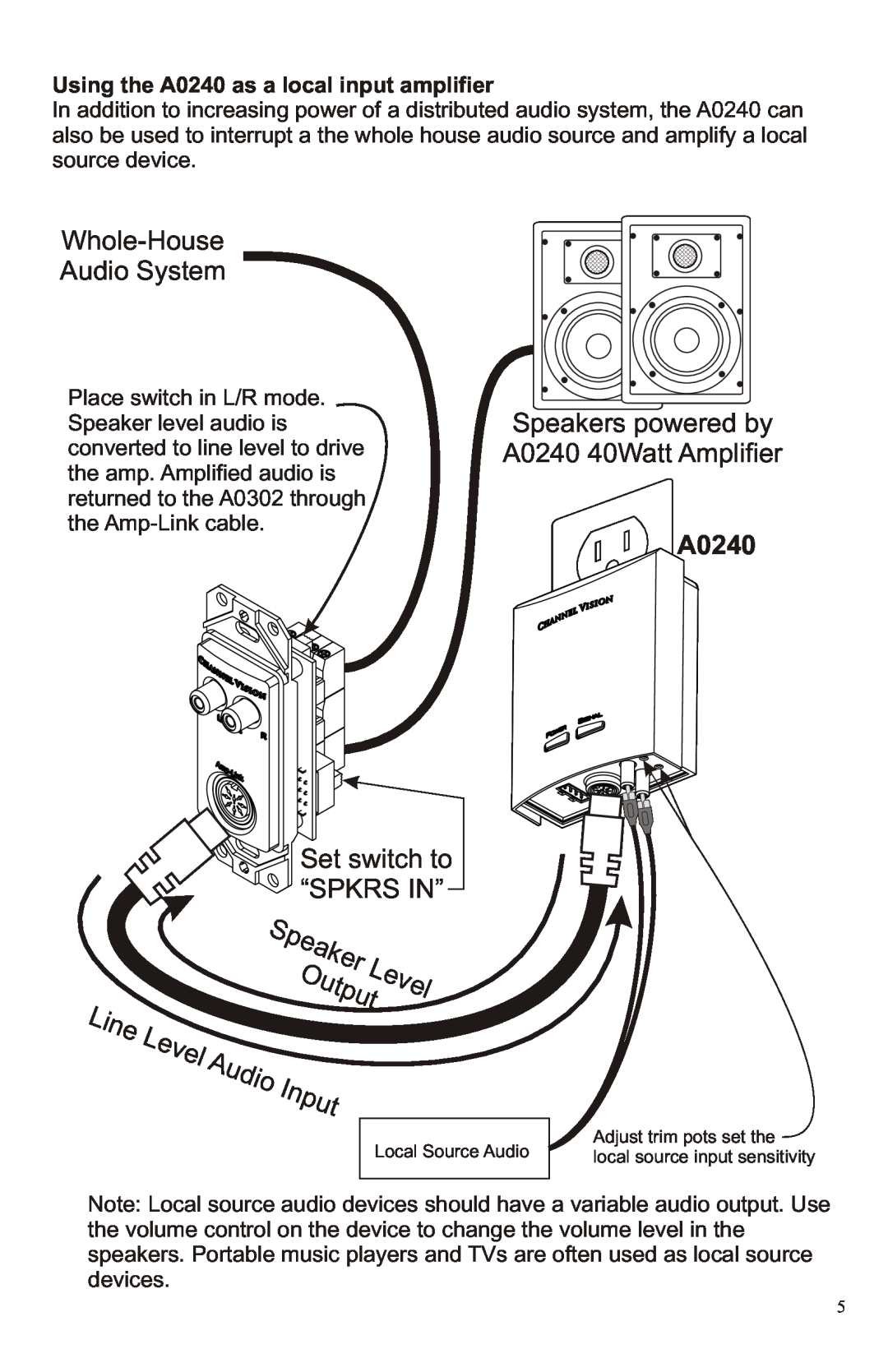 Channel Vision manual Line L evel Audio Input, r Le, Using the A0240 as a local input amplifier 