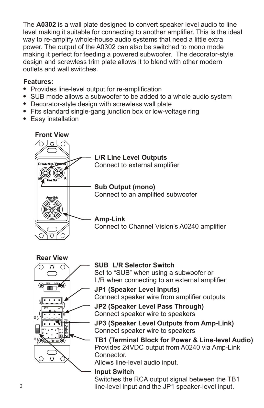 Channel Vision A0302 manual Features, Front View Rear View, Line Level Outputs, Sub Output mono, Amp-Link, Input Switch 