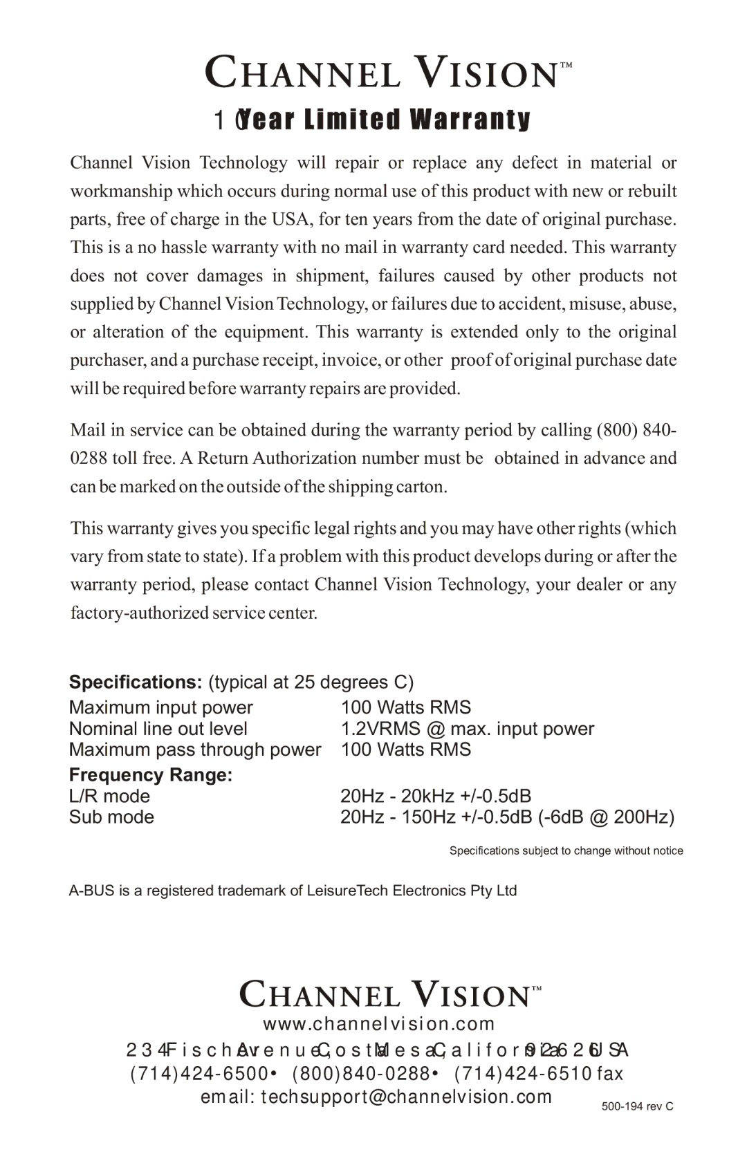 Channel Vision A0302 manual Frequency Range 