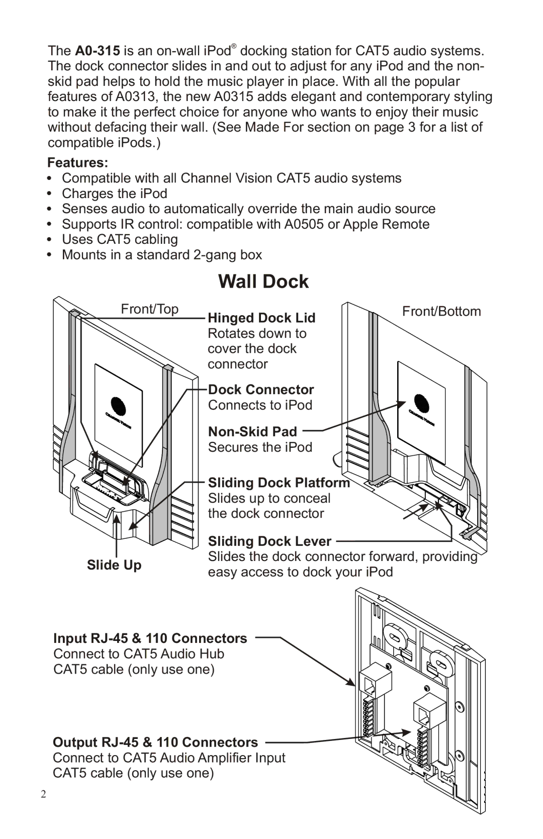 Channel Vision A0315 manual Wall Dock 