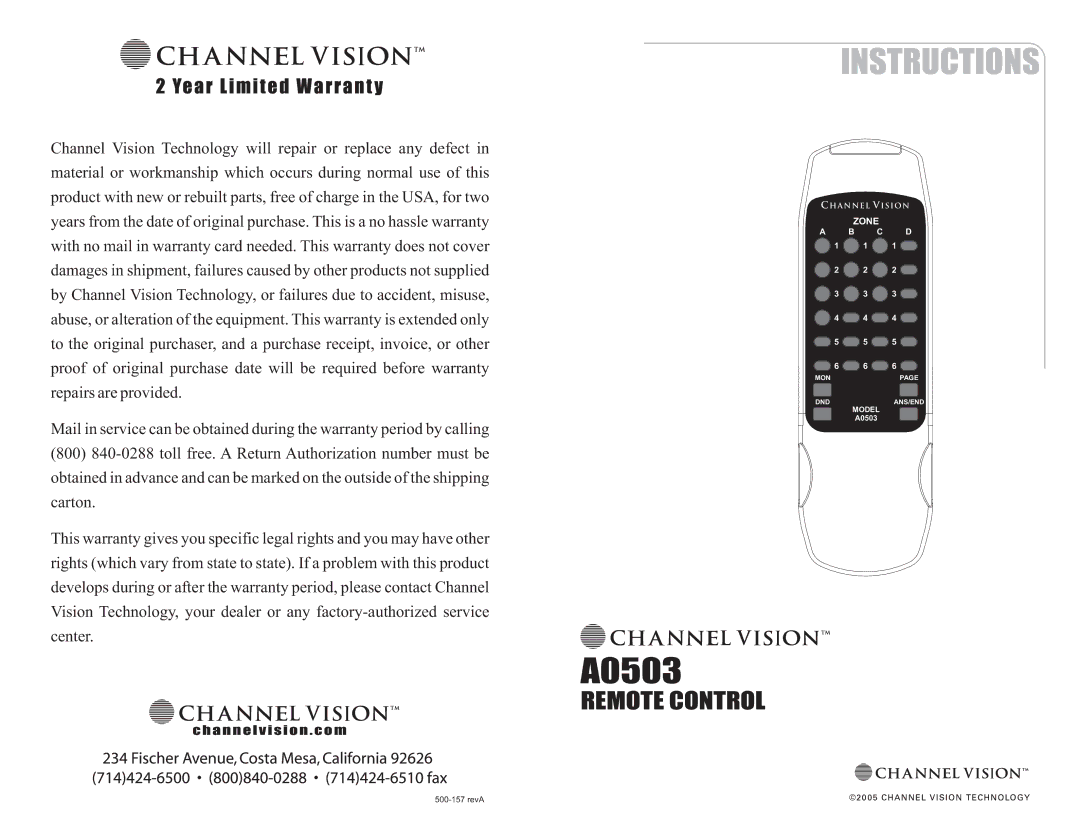 Channel Vision A0503 warranty Remote Control 