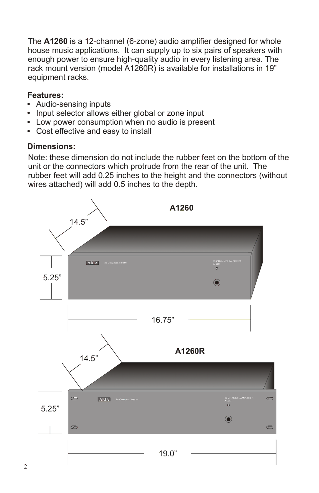 Channel Vision manual Features, Dimensions A1260, A1260R 