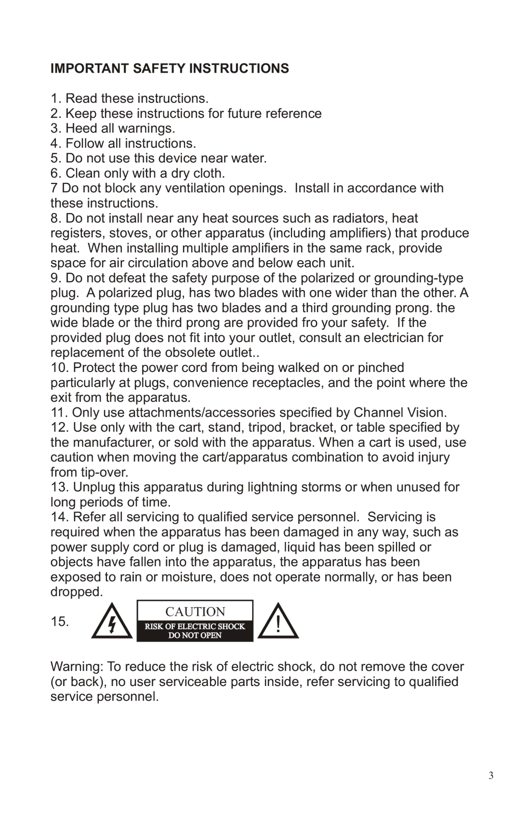 Channel Vision A1260R manual Important Safety Instructions 