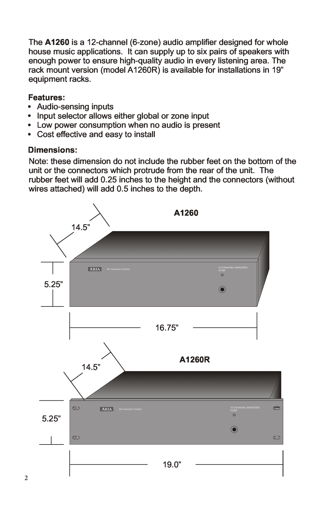 Channel Vision manual Features, Dimensions, A1260R 