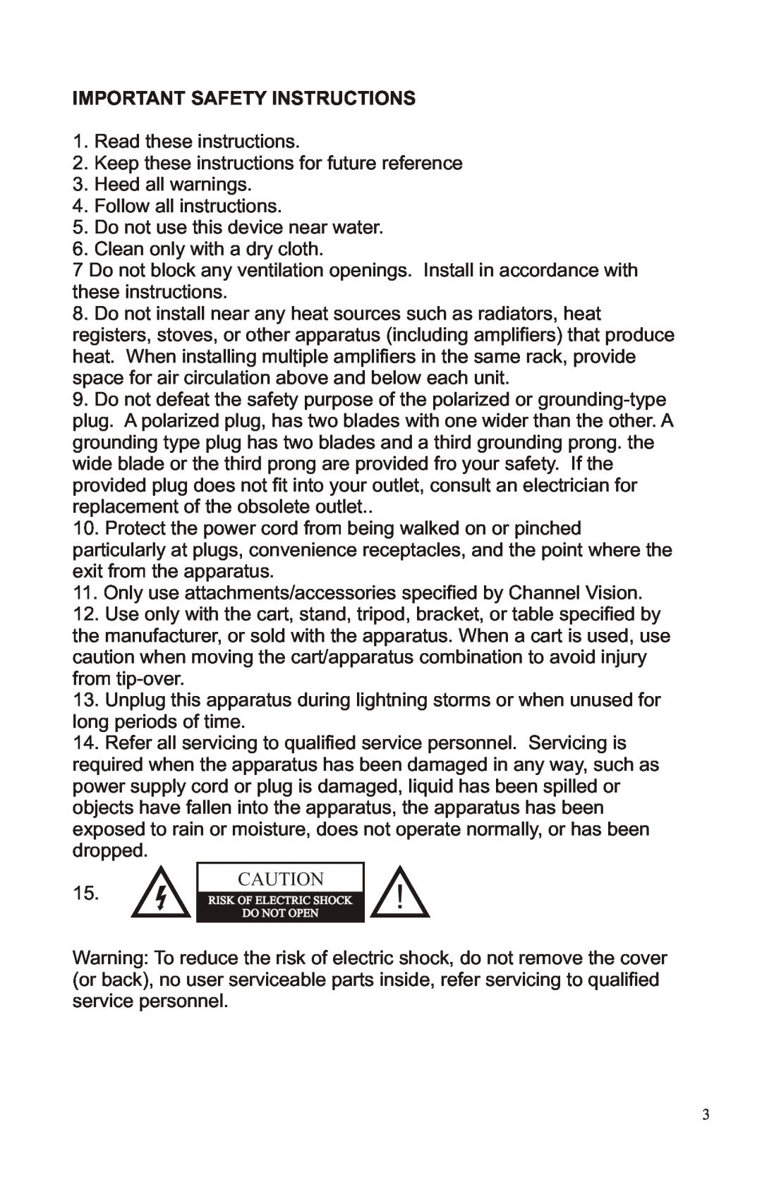 Channel Vision A1260R manual Important Safety Instructions 