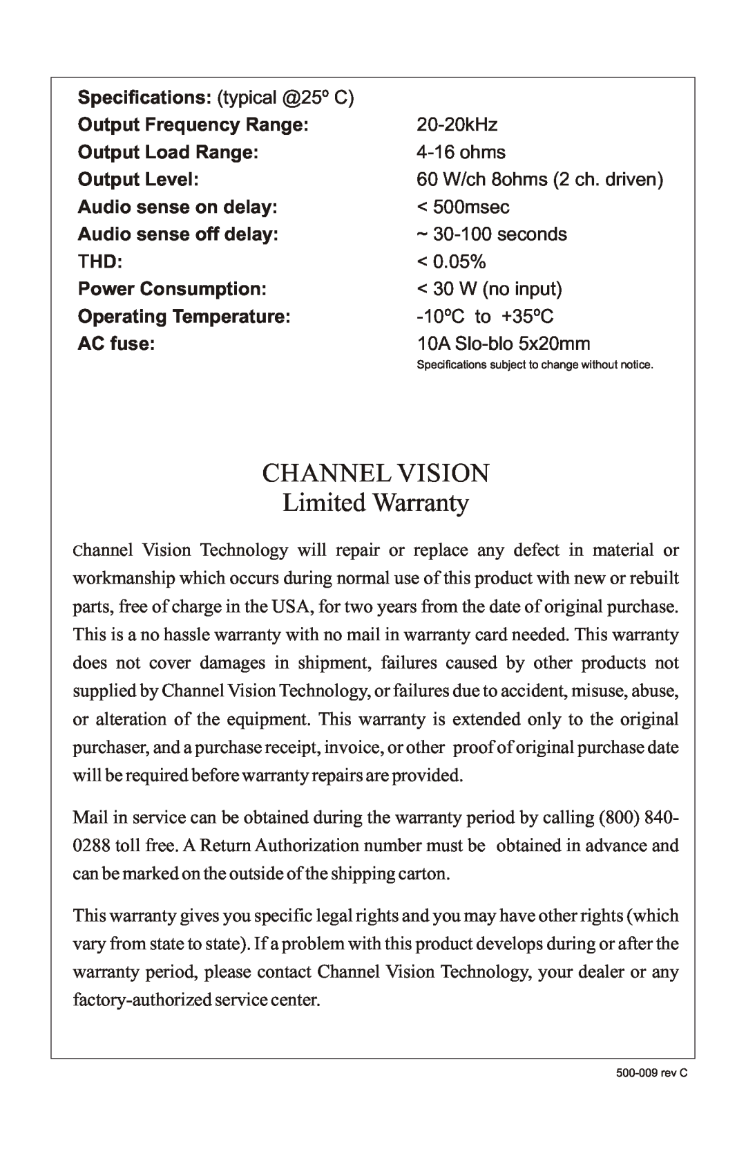 Channel Vision A1260R manual CHANNEL VISION Limited Warranty 