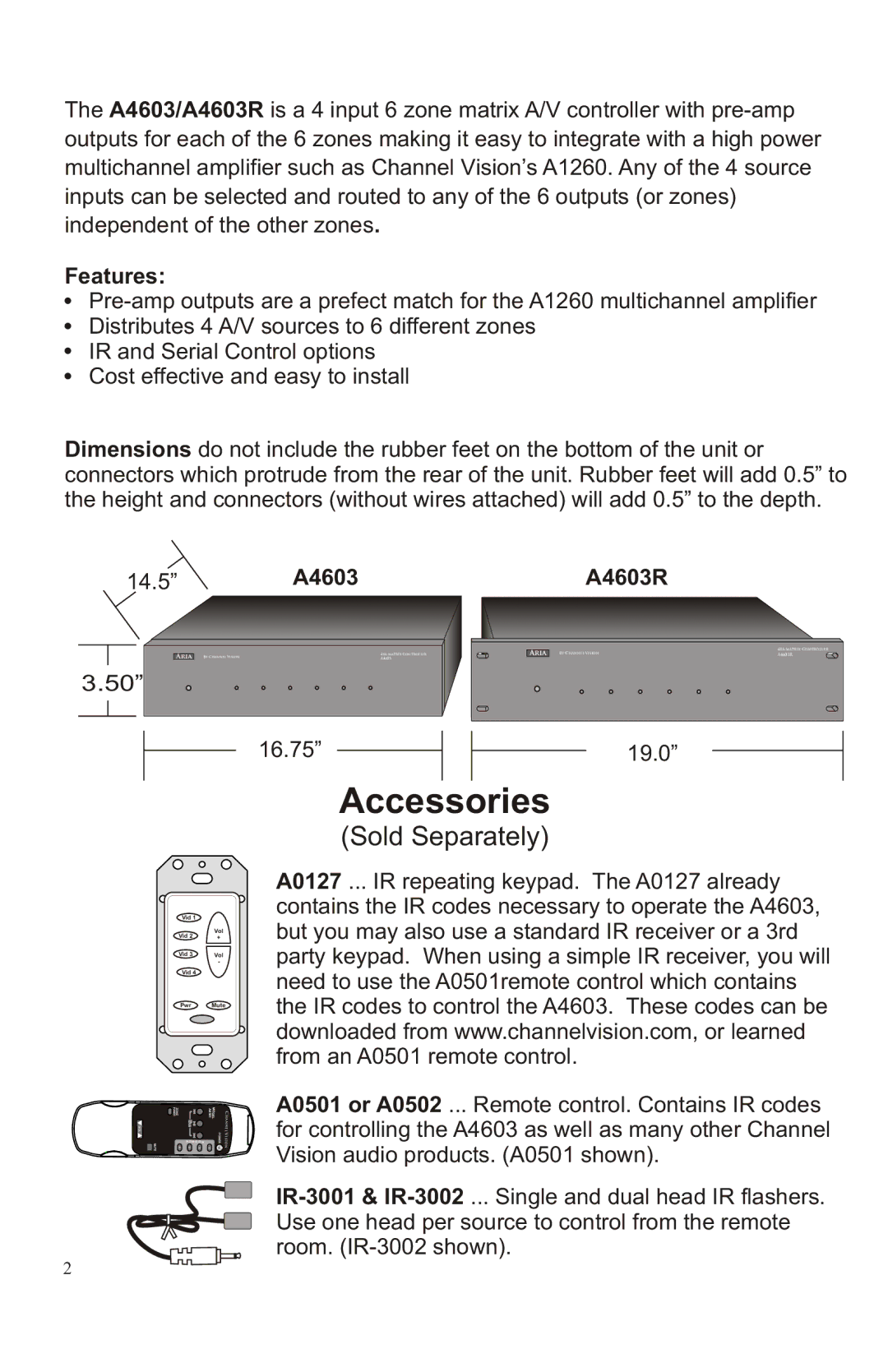 Channel Vision A4630R, A4603 manual Accessories 