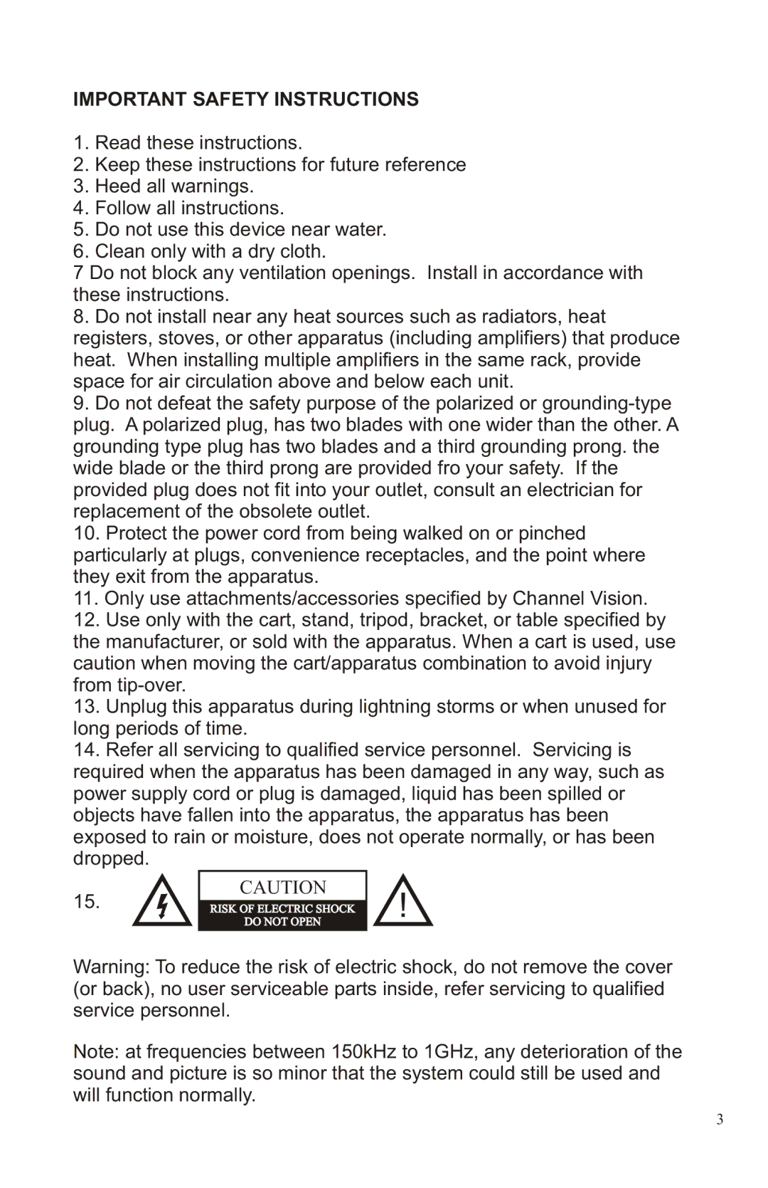 Channel Vision A4603, A4630R manual Important Safety Instructions 