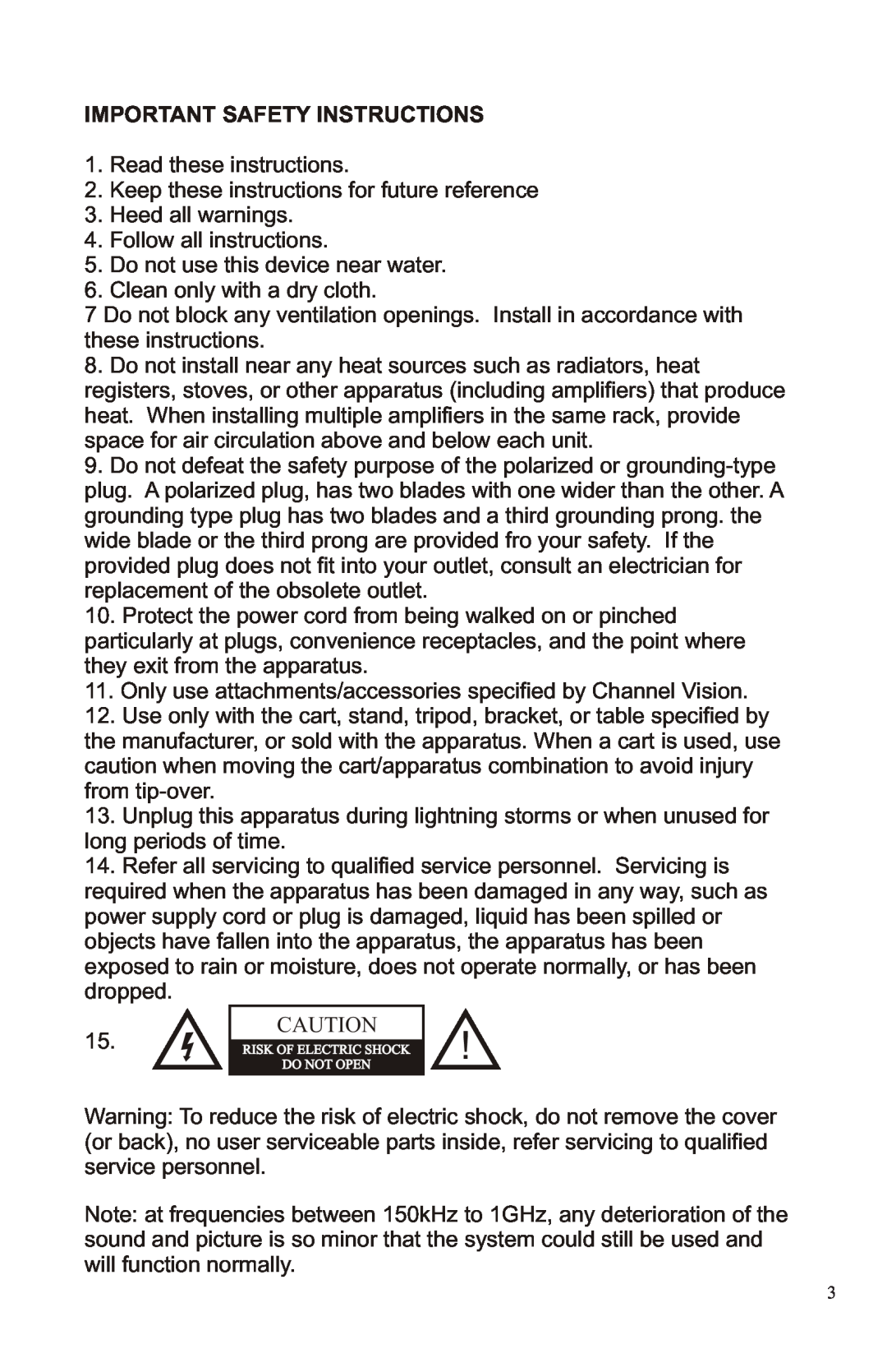 Channel Vision A4603, A4630R manual Important Safety Instructions 