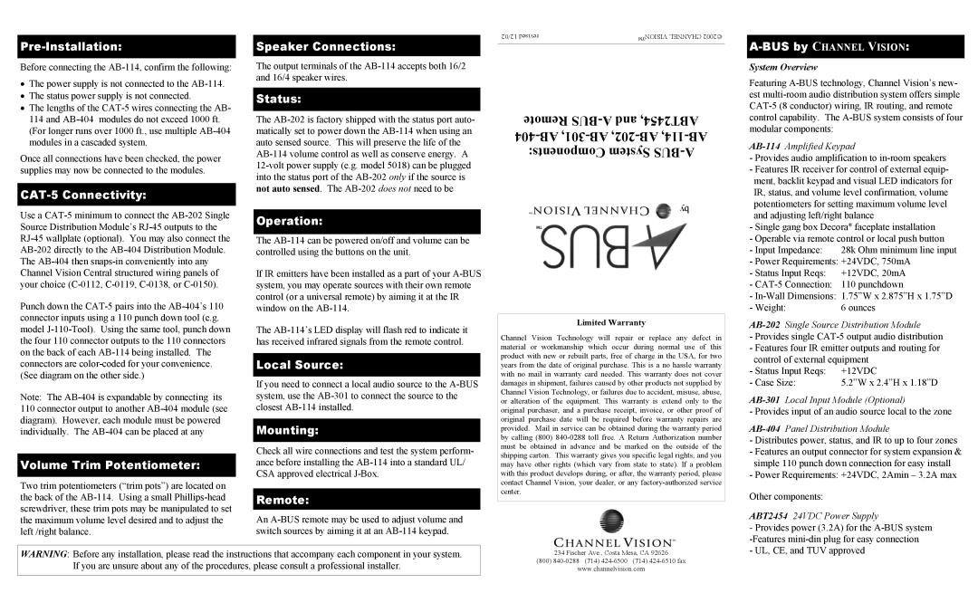 Channel Vision AB-114 dimensions Pre-Installation, CAT-5 Connectivity, Volume Trim Potentiometer, Speaker Connections 