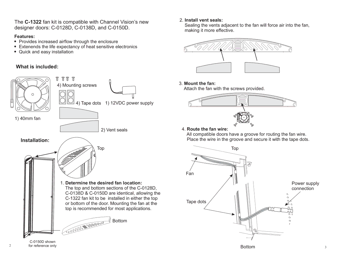 Channel Vision C-0138D, C-0150D, C-1322, C-0128D warranty What is included, Installation 