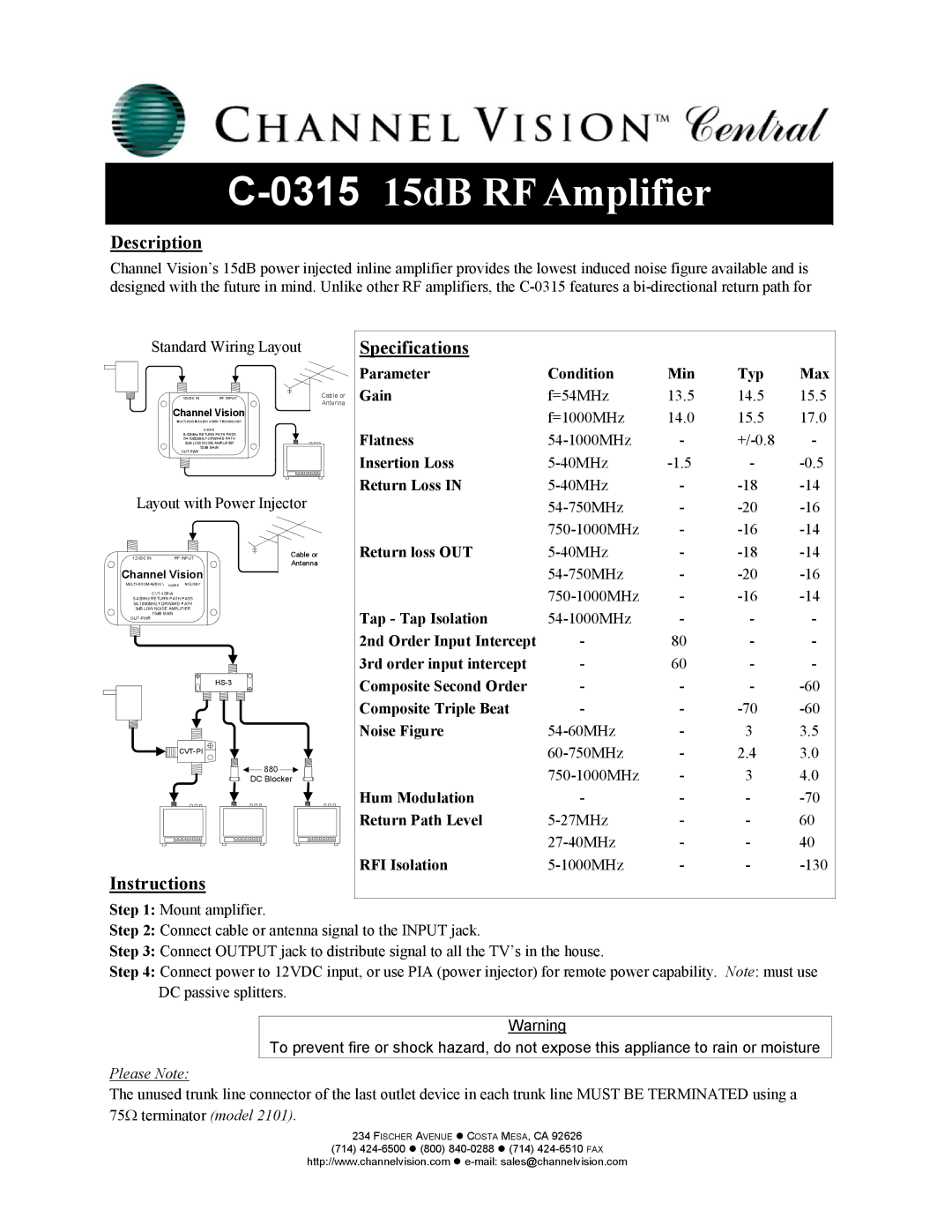 Channel Vision C-0315 specifications 031515dB RF Amplifier, Description, Instructions Specifications 