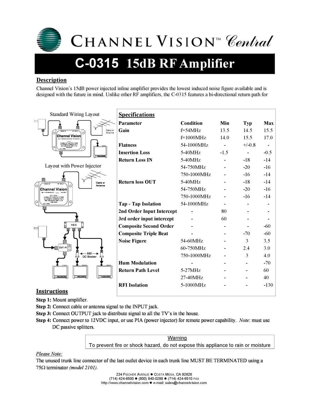 Channel Vision specifications C-0315 15dB RF Amplifier, Description, Instructions, Specifications, Please Note 