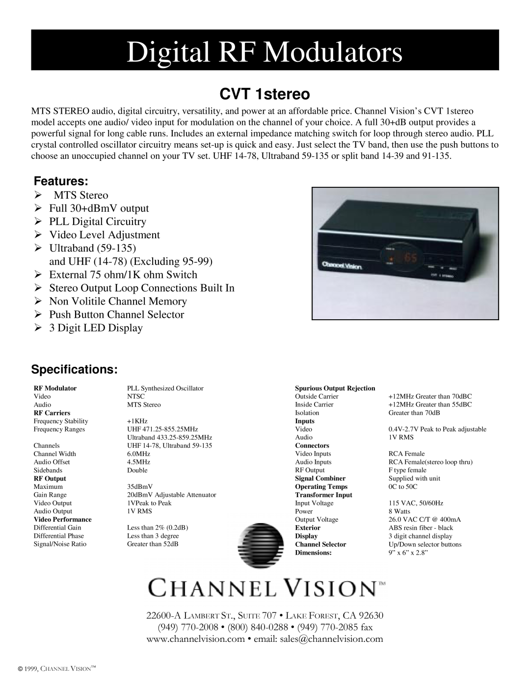 Channel Vision CVT 1stereo specifications Digital RF Modulators, +$11/,6,21, Features, Specifications, ‡‡Id 