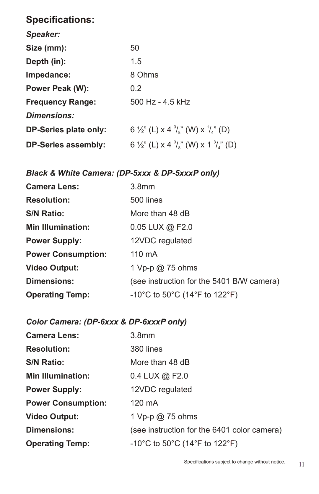 Channel Vision DP-XXXXP, DP-XXXXC manual Specifications 