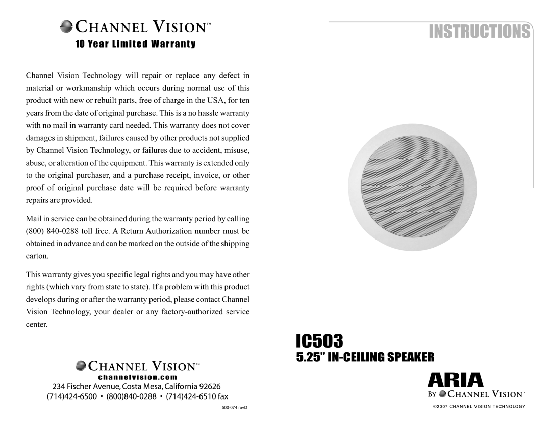 Channel Vision IC503 warranty 5.25” IN-CEILINGSPEAKER 