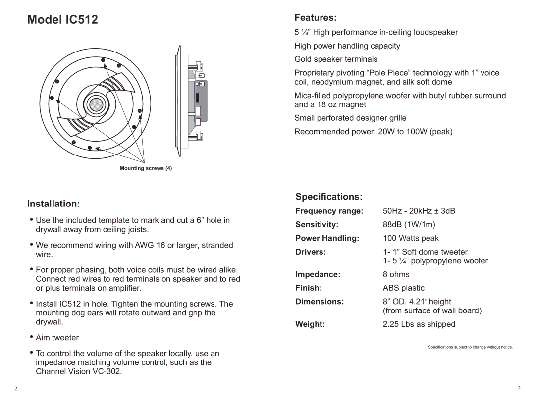 Channel Vision warranty Model IC512, Installation, Features, Specifications 