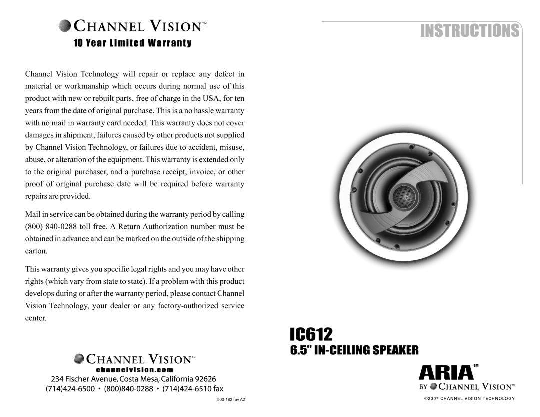 Channel Vision IC612 warranty IN-CEILING Speaker 